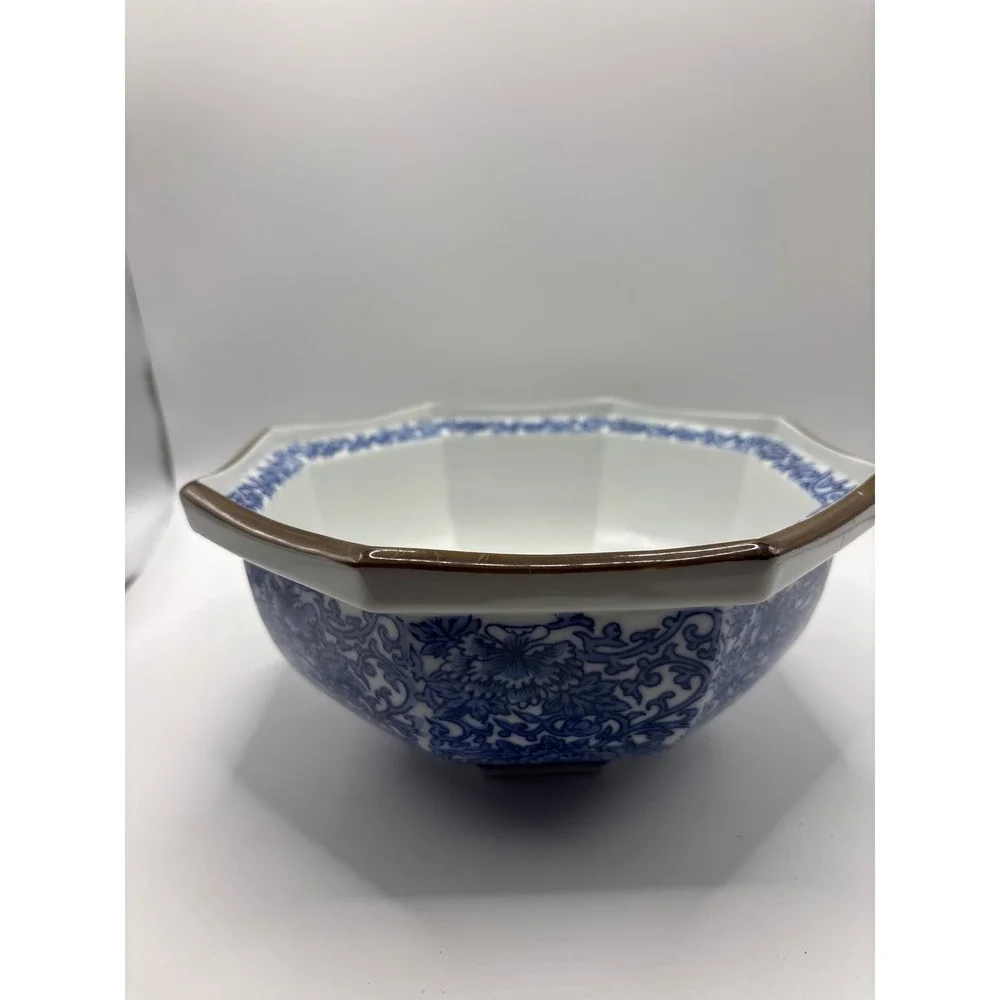 Vintage Japanese Blue and White Octagonal Porcelain Floral Bowl chinoiserie